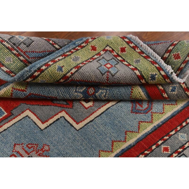 Light Blue Geometric Kazak Foyer Rug Hand-Knotted Wool Carpet - 3'6" x 5'3"