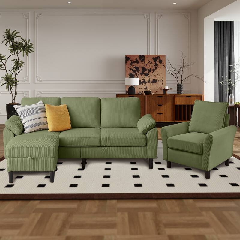 3 Pieces Corduroy Living Room Set with Sectional Sofa, Ottoman and Chair - Green