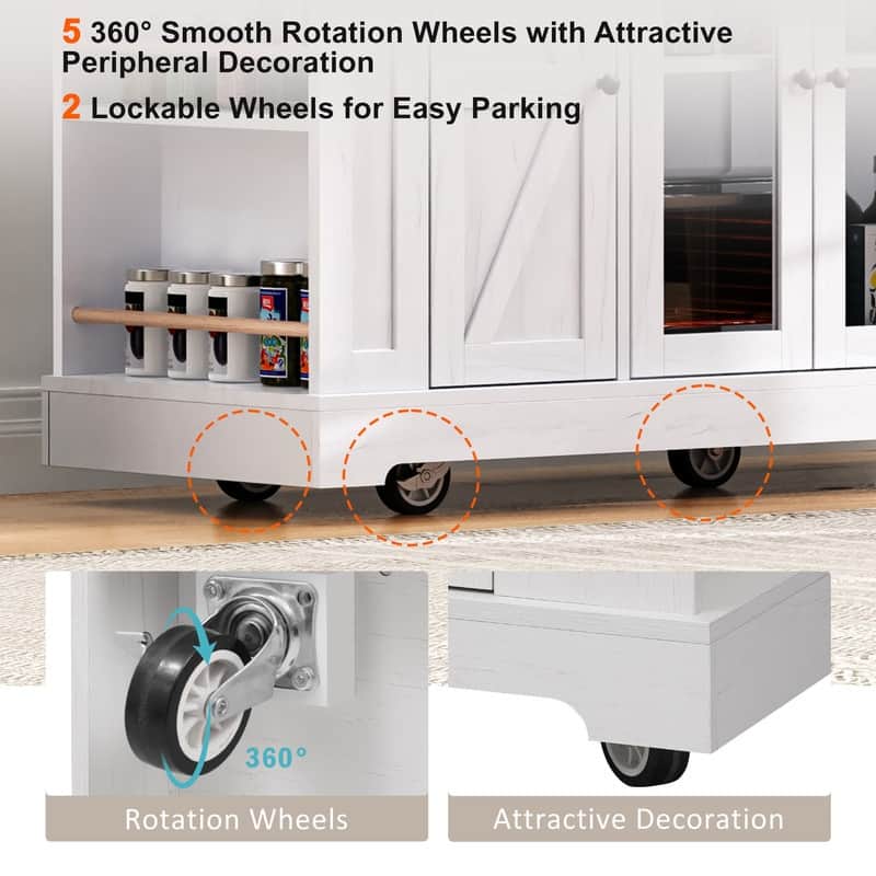Farmhouse 53" Rolling Kitchen Cart on Wheels with Drop Leaf and Built-in Power Outlet