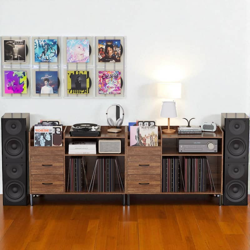 Record Player Stand with Adjustable Shelves, Holds 350 Vinyl Albums, Turntable Console with Speaker Shelf and Drawers