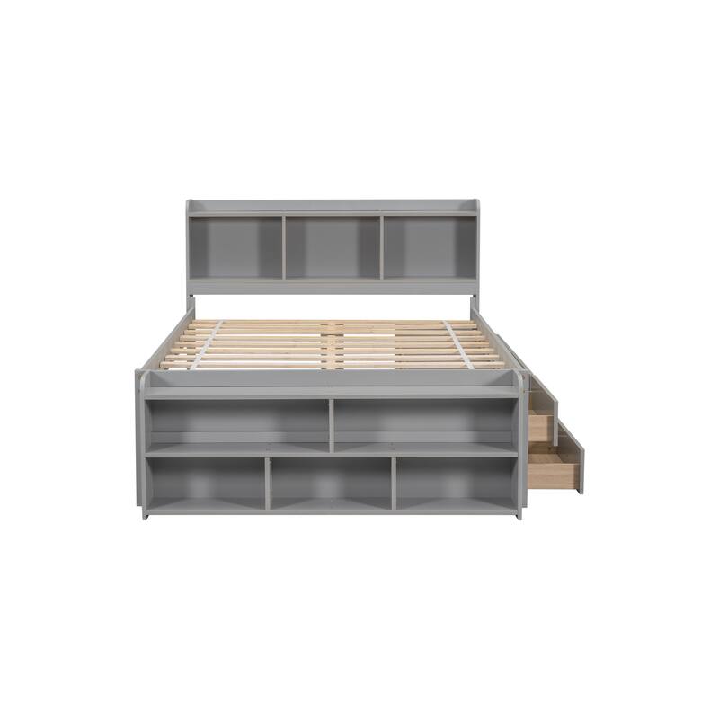 Bed with Bookcase Headboard and Under bed Storage Drawers