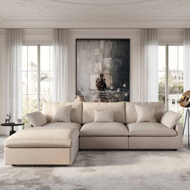 Modular Sectional Sofa Cloud Couch with Ottoman, L Shaped Linen Blend Fabric Minimalist Sectional Sofa for Living Room, Khaki - 3-Seat+Ottoman