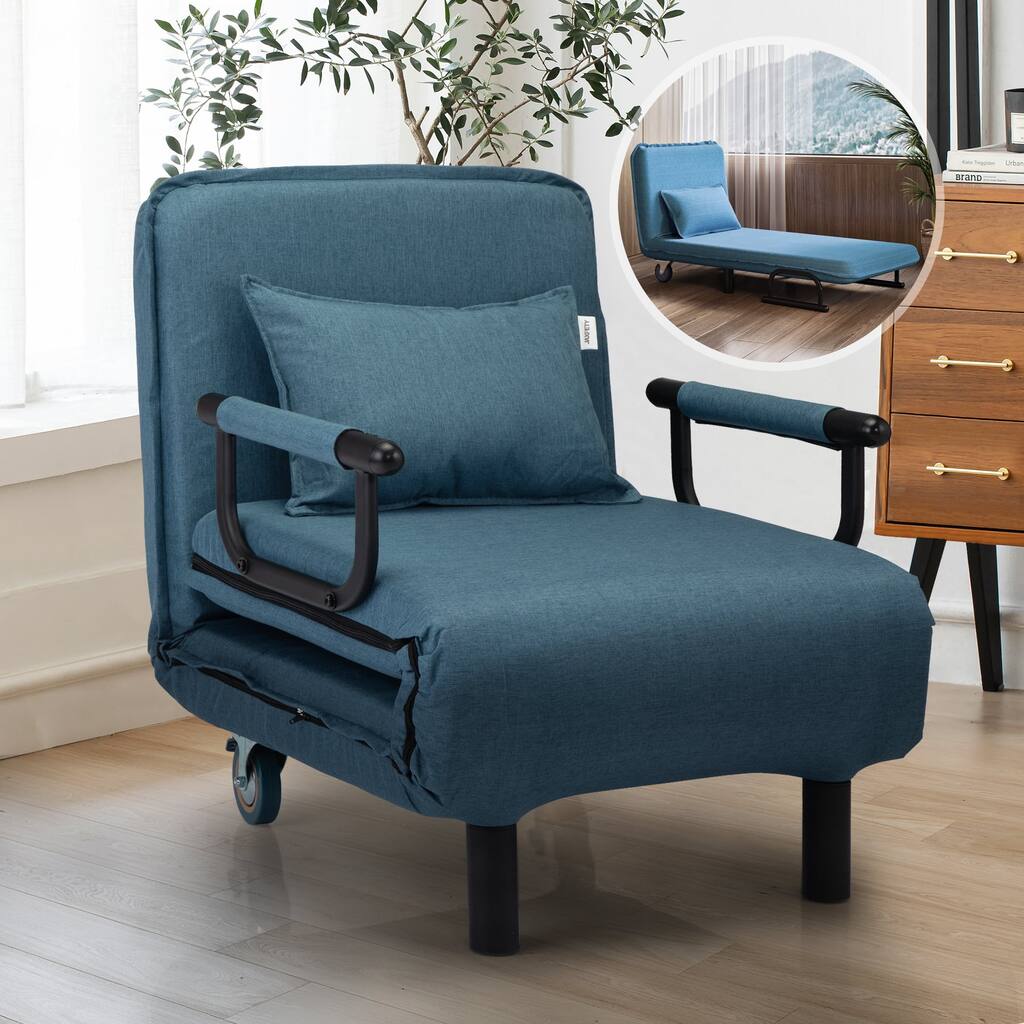 Convertible Chair, Sofa Bed, Sleeper Chair 6 Positions Folding Arm Chair with Pillow, Blue