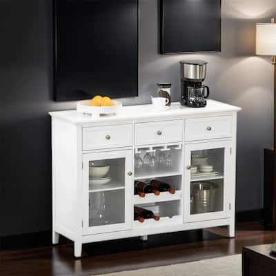 Coffee Bar Cabinet with 3 Drawers, 6-Bottle Wine Rack, Stemware Racks
