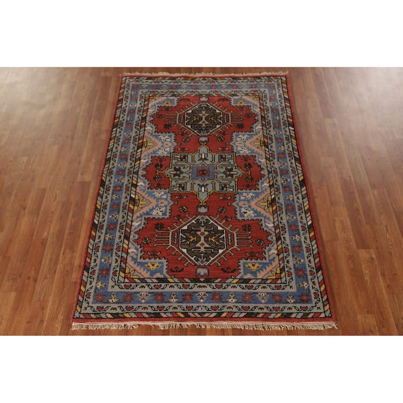 Geometric Heriz Serapi Indian Rug Hand-Knotted Wool Carpet - 4'0"x 6'0"
