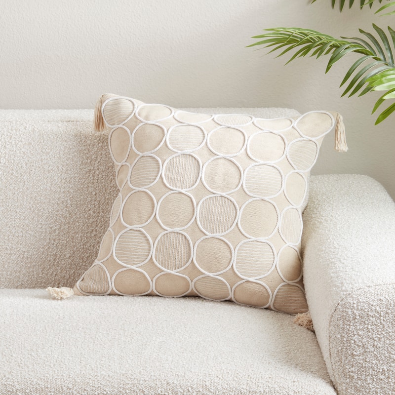 Circle Stitch Cotton Throw Pillow - Textured Dot Pattern with Tassel Accents for Sofa, Bed & Layered Styling, 18"x18"