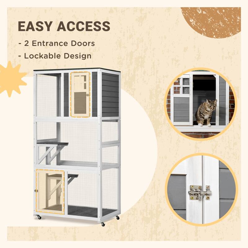 PawHut 74" Wooden Outdoor Cat House Weatherproof & Wheeled, Catio Outdoor Cat Enclosure - Gray