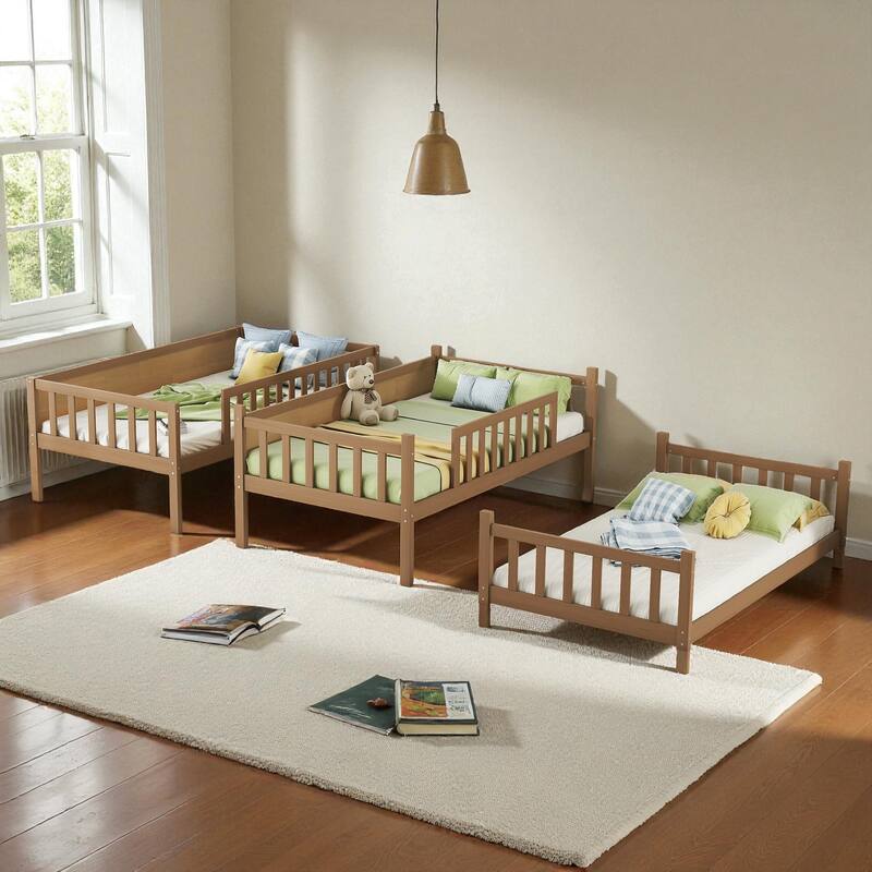 Twin Over Twin Over Twin Rubber Wood Triple Bunk Bed with Guardrails and Ladders, Detachable Convertible Triple Twin Bed Frame