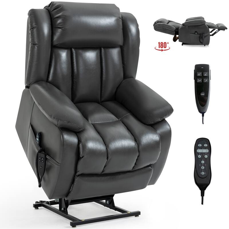Roomfitters Dual Motor Power Lift Recliner, Infinite Position Massage Chair with 180-Degree Flat Recline, Leatheraire, Grey
