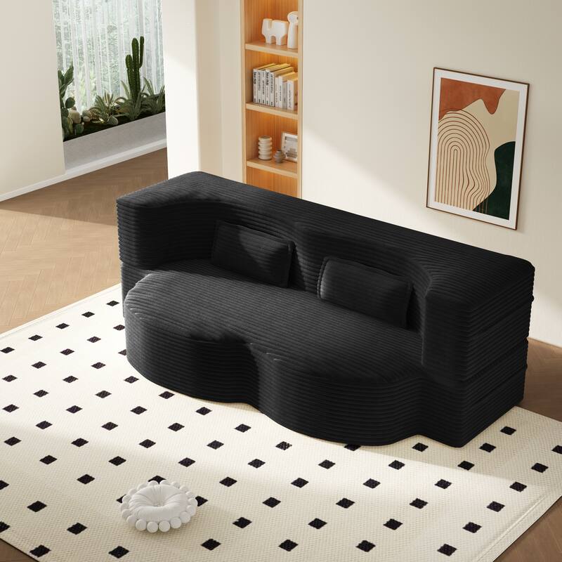 Modern 78.7" Floor Sofa With 2 Pillows For Small Pace Living Room, Convertible Sleeper Sofa Bed - Black Corduroy