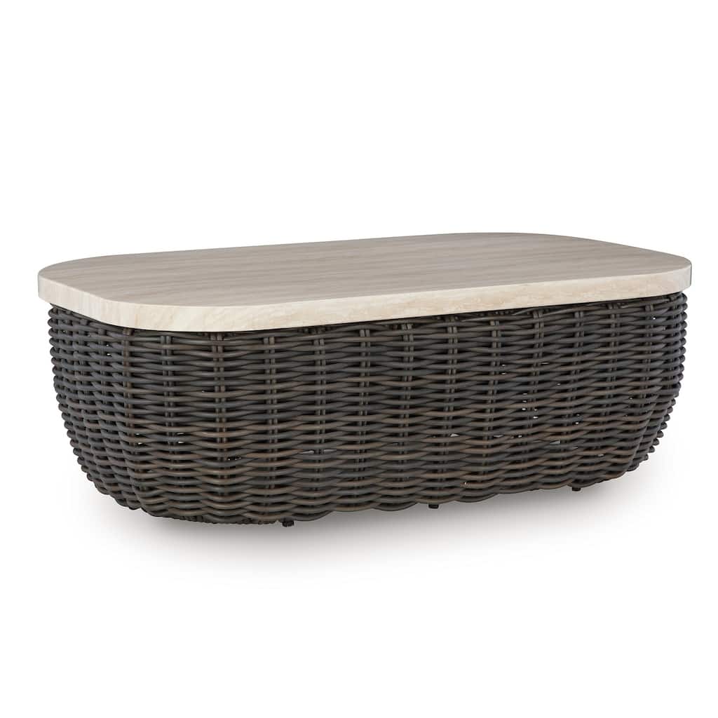 Kimo Outdoor Cocktail Coffee Table, Brown Wicker Details, 50 Inch