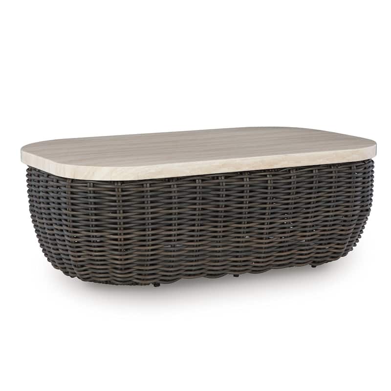 Kimo Outdoor Cocktail Coffee Table, Brown Wicker Details, 50 Inch