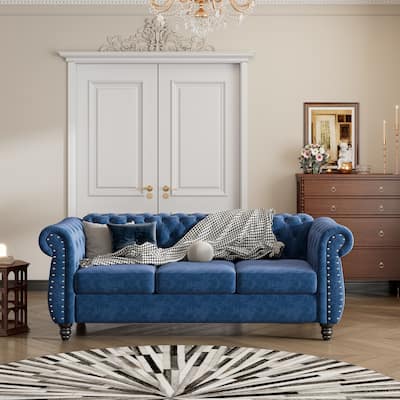 Living Room Upholstered Sofa Couch with Solid Wood Legs 3 Seat Settee Buttoned Tufted Backrest Deep Seater Sofa