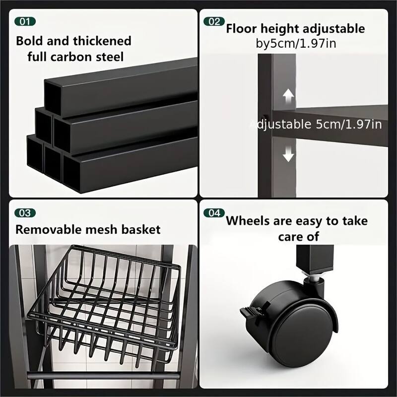 80cm Floor-Standing Storage Rack, Multifunctional Storage Rolling Cart, Kitchen Storage Rack with Mesh Basket
