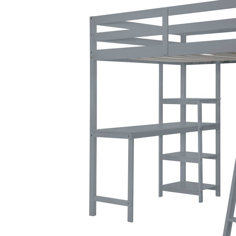 Full Size Loft Bed with Wardrobe, Desk, and Shelves - Space-Saving Design