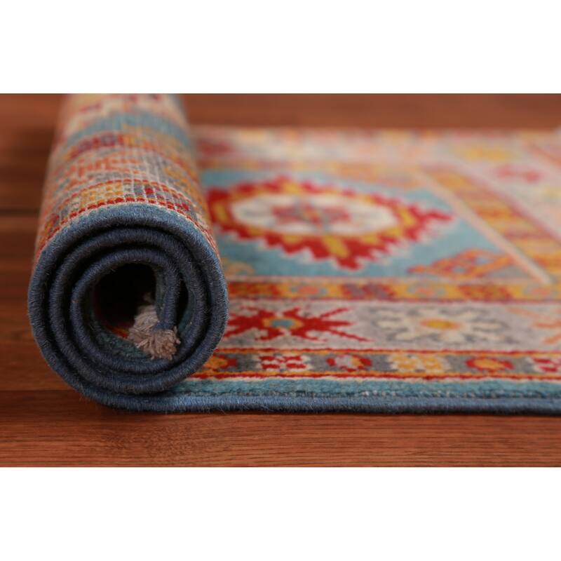 Geometric Kazak Accent Rug Hand-Knotted Oriental Blue Wool Carpet - 2'0"x 3'0" - 2'0"x 3'0" - Blue