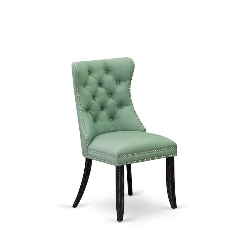 Parson Dining Chairs Set of 2 - Tufted Upholstered Accent Chairs - Willow Green Faux Leather - Black Legs