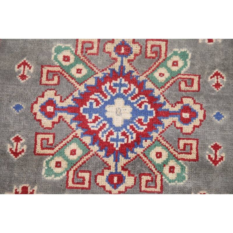 Hand Knotted Oriental 100% Wool Carpet Traditional Geometric Greys & Charcoal Kazak Runner Rug - 6' 7'' X 2' 7''