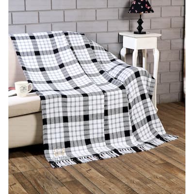 Farmhouse Hand-Woven Plaid Collection Cotton Fringe Throw Blanket - White/Black | 50x60''