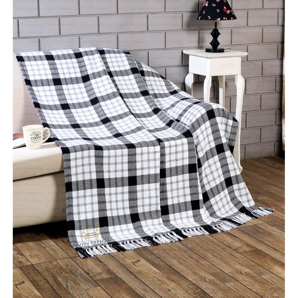 Farmhouse Hand-Woven Plaid Collection Cotton Fringe Throw Blanket - White/Black | 50x60''