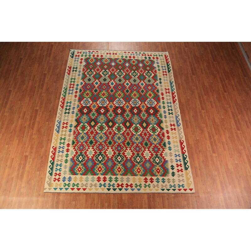 Geometric Kilim Reversible Area Rug Oriental Flatweave Wool Carpet - 8'5"x 11'5"