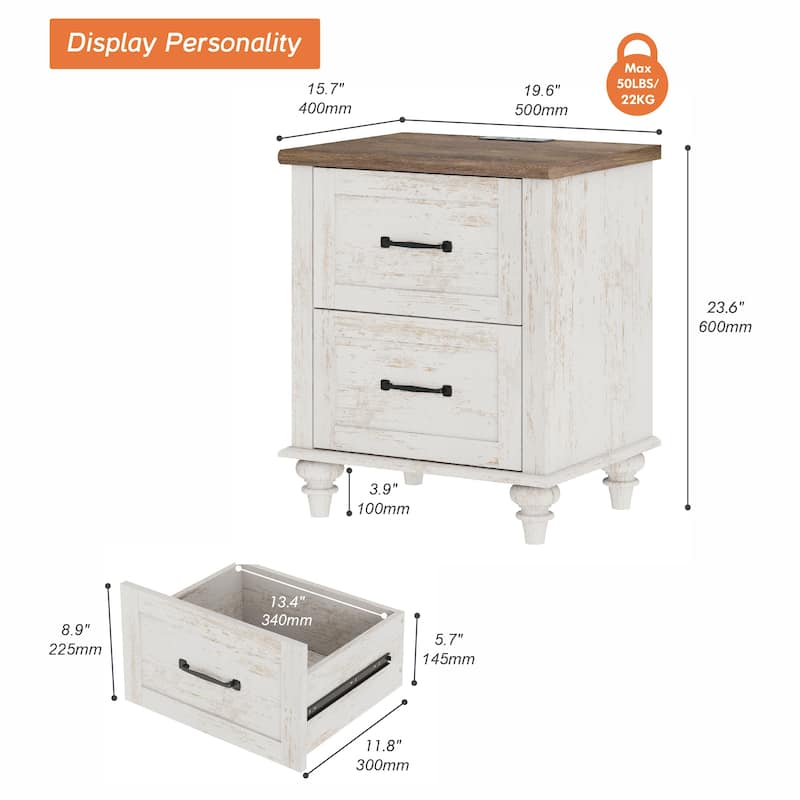 Farmhouse End Table Nightstands with Charging Station & Drawer