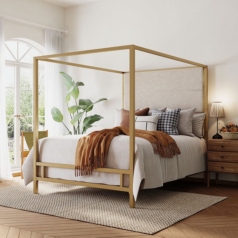 Metal Canopy Bed with Upholstered Wingback Headboard, Modern Platform 4-poster Bed Frame, Box Spring Needed - Gold Tan Linen - Queen