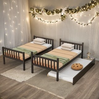 Twin Over Twin Rubber Wood Bunk Bed with Trundle, Convertible into 2 Twin Size Beds,with Ladder and Safety Guardrails