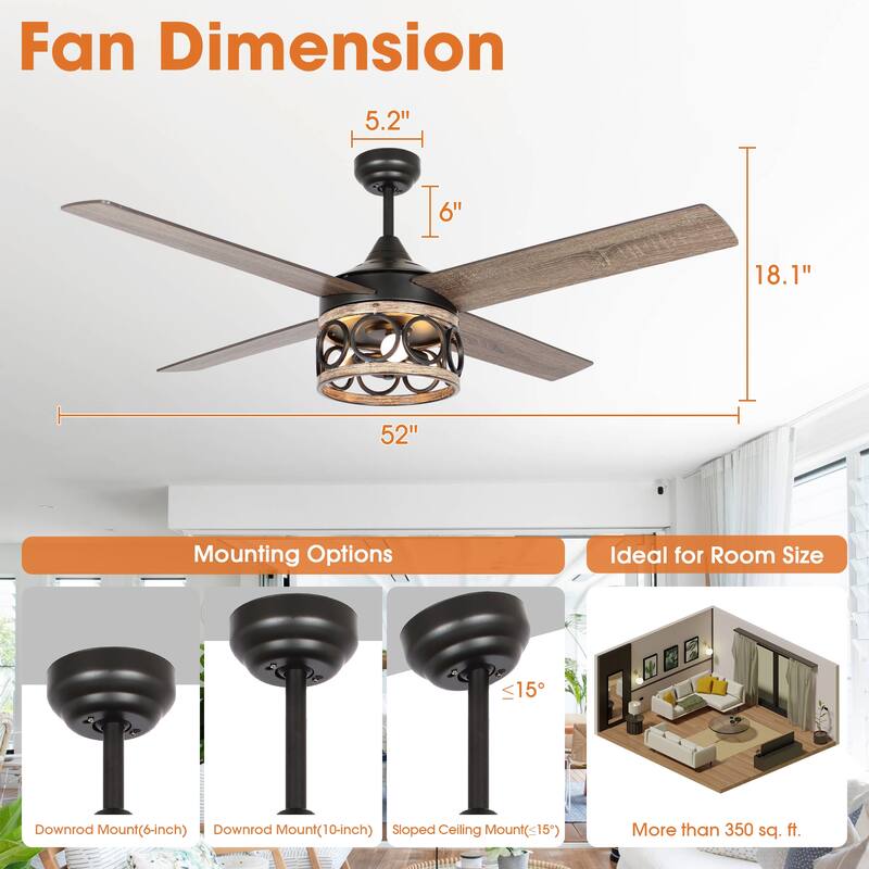 52-inch Industrial 3-Light Matte Black LED Ceiling Fan with Remote