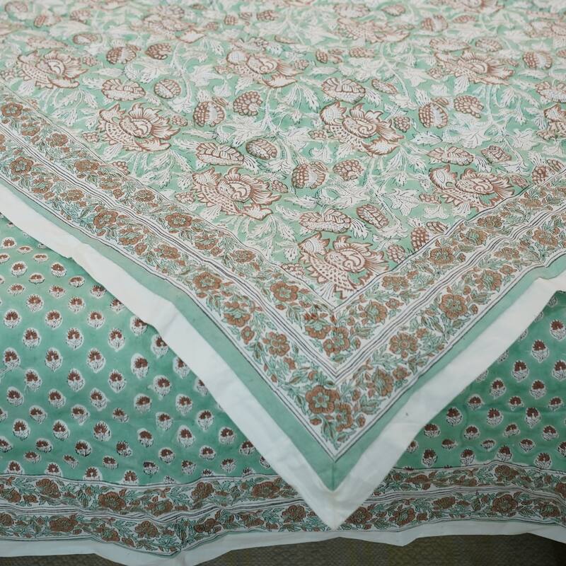 Fabdivine Hand Block Print Blue White Floral 100% Cotton Quilt - Handmade Reversible Organic Boho Bedding for Bedroom & Sofa - 90" X 95" - Blue, White