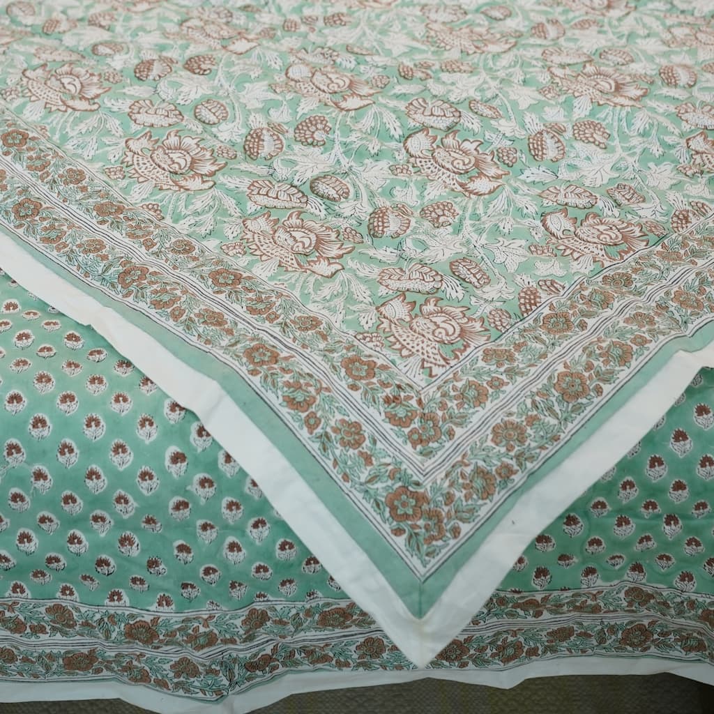 Fabdivine Hand Block Print Blue White Floral 100% Cotton Quilt - Handmade Reversible Organic Boho Bedding for Bedroom & Sofa