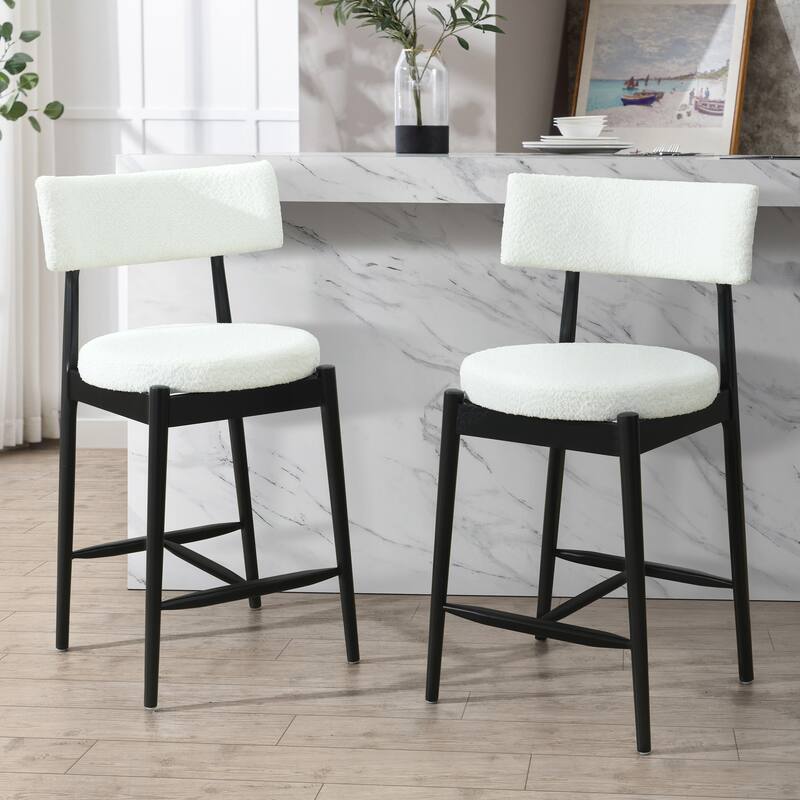 Set of 2 Mid Century Modern Counter Stools with Boucle Upholstery and Rubberwood Frame - Bar Height Dining Stools - Beige+Black