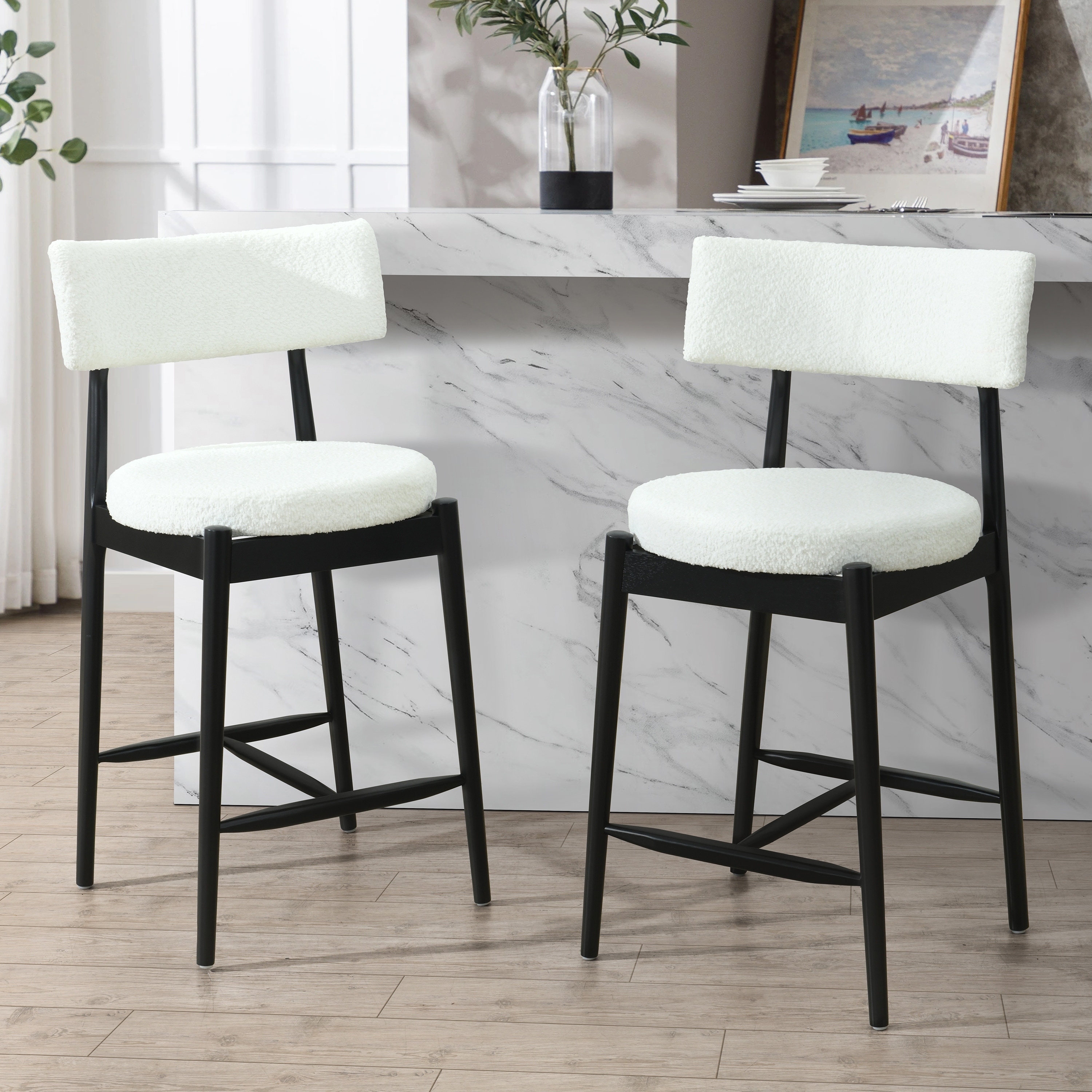 Set of 2 Mid Century Modern Counter Stools with Boucle Upholstery and Rubberwood Frame - Bar Height Dining Stools