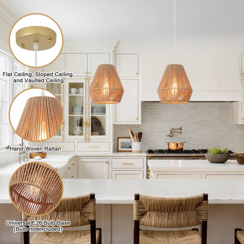 Boho Coastal 1-Light Hand-Woven Rattan Pendant Light for Kitchen Island Hallway (Set Of 2) - 7.28 in