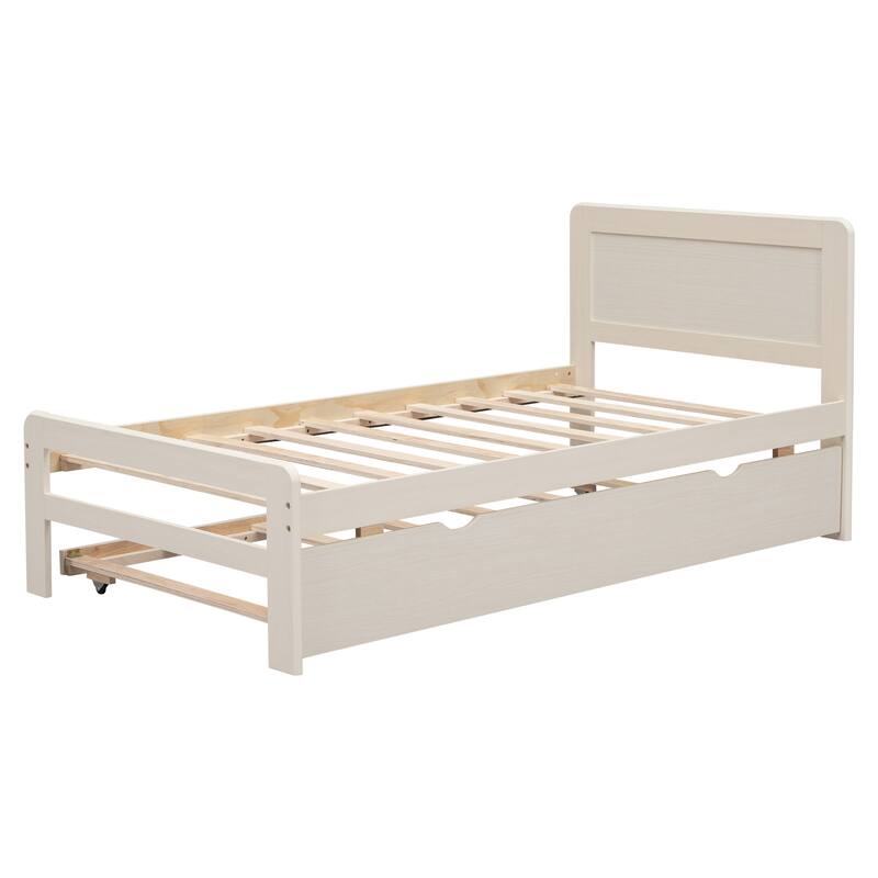 White Wood Twin Size Platform Bed Frame with Trundle, Rubberwood & Plywood Construction, Modern Design, Space-saving