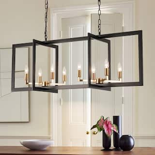 8-Light Vintage Modern Black and Brass Rectangular Pendant Light with Adjustable Chains for Kitchen Island or Dining Room