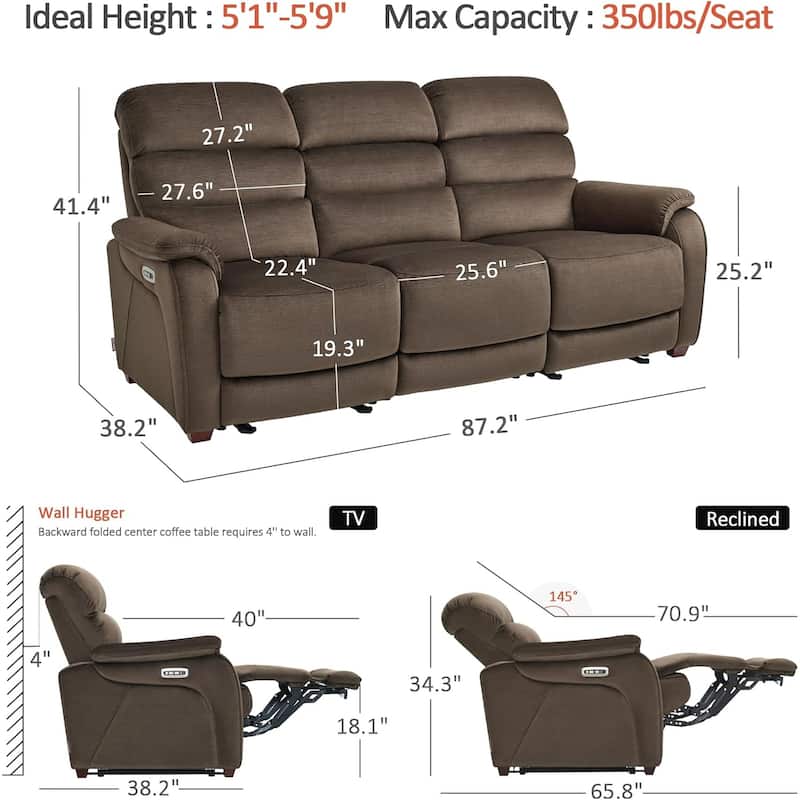 MCombo 61.6'' Wall Hugger Power Loveseat Recliner Sofa with Adjustable Headrest and USB A & C Charge Ports