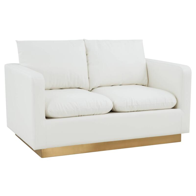 LeisureMod Nervo Modern Leather Loveseat With Gold Base & Cushions - 55.9 - White