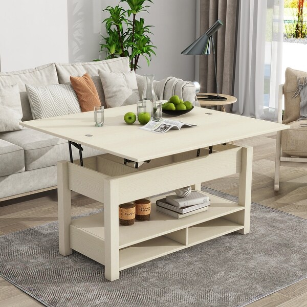 Ivory Multi-Functional Lift Top Coffee Table with Open Shelves for