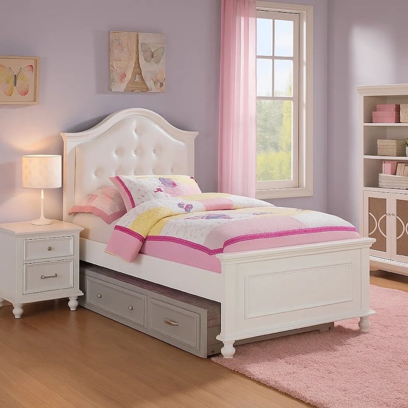 Wooden Twin Size Bed with Camelback Design Headboard and Turned Legs, White