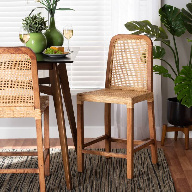 Caspia Mid-Century Mahogany Wood & Natural Rattan Counter Stool