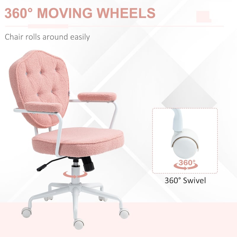 Cute Home Office Chair, Computer Desk Chair with Button Tufted Teddy Bear Fleece, Swivel Vanity Chair