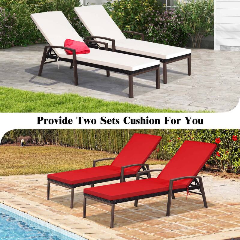 2 PCS Patio Rattan Chaise Lounge Chairs w/ 2 color Cushion Cover