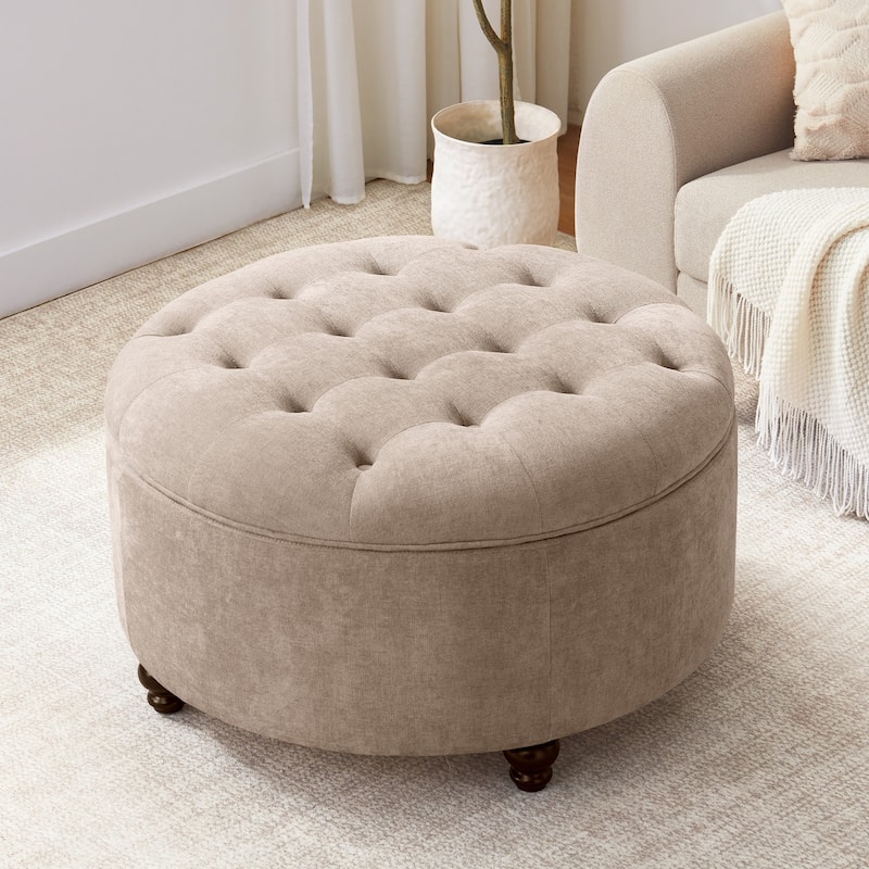Tufted Large Round Storage Ottoman Footrest Beige/ Grey/ Blue - Brown