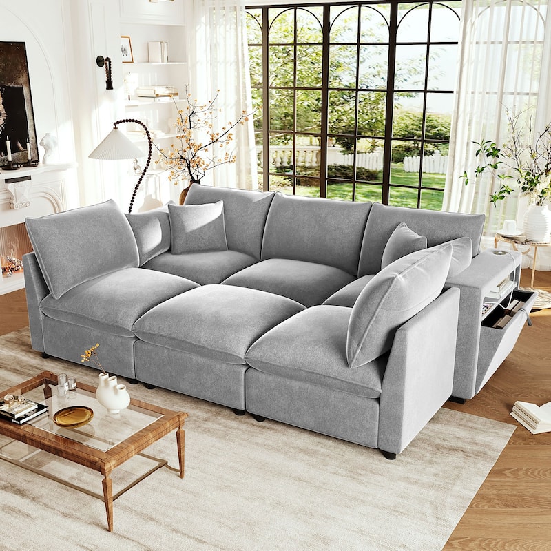 Smooth Chenille Sectional Sofa U-Shaped Modular Sofa Bed L-Shaped Couch with Movable Ottoman, Storage Armrests and USB Ports - Grey