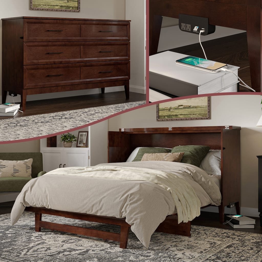 Santa Fe Queen Murphy Bed Chest with 6" Mattress & Built-In Charger in Walnut