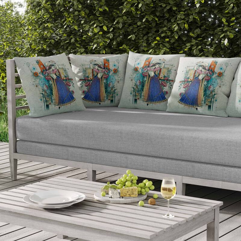 Gracefully Dancing Woman Indoor/Outdoor Reversible Throw Pillow Blue and Orange