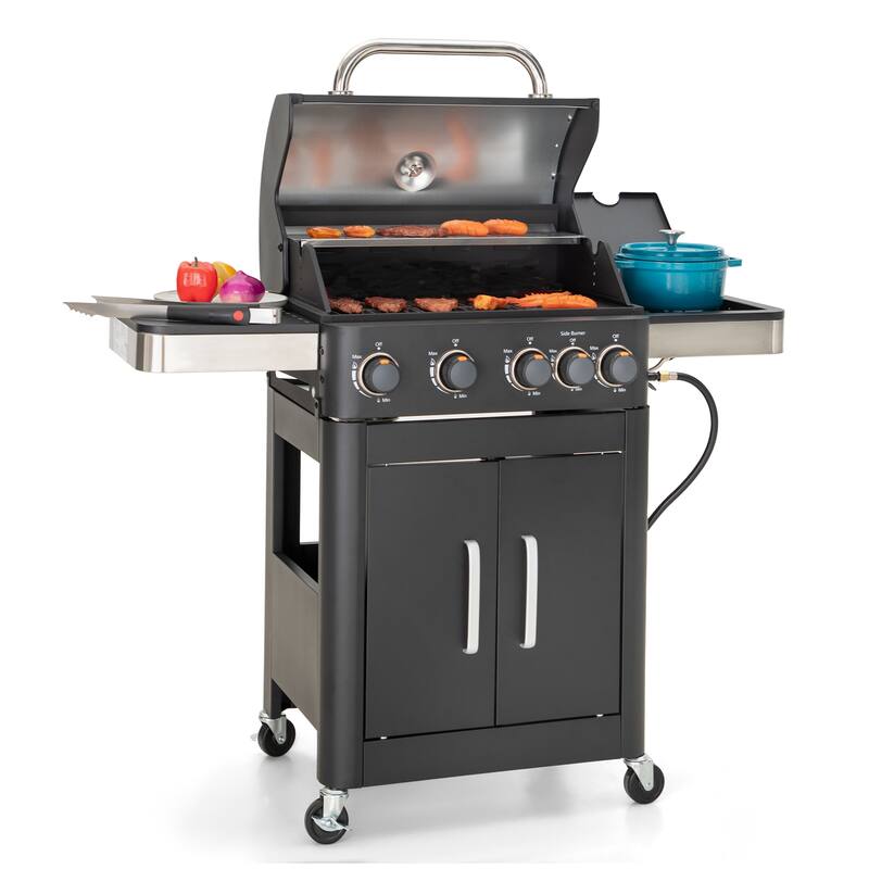 4-Burner Propane Gas BBQ Grill with Side Burner, 46,700 BTU, Porcelain-Enameled Grates, Black