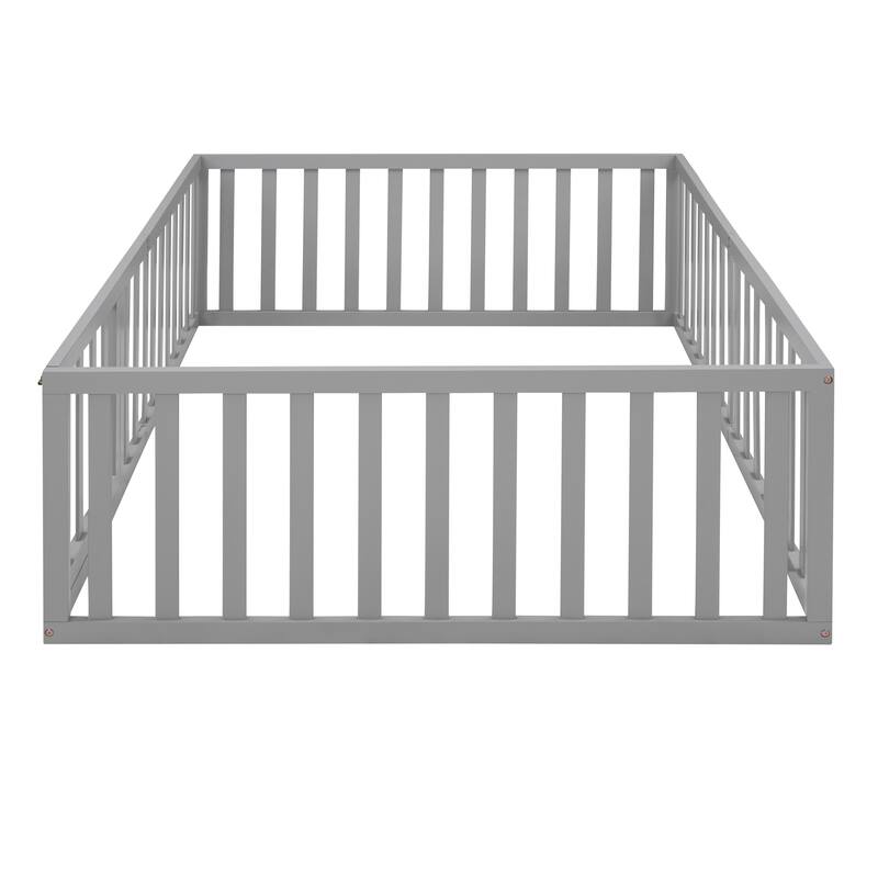 Versatile Wooden Floor Bed Frame without Slats, Solid Pinewood Kids Bed Frame with Fence and Door