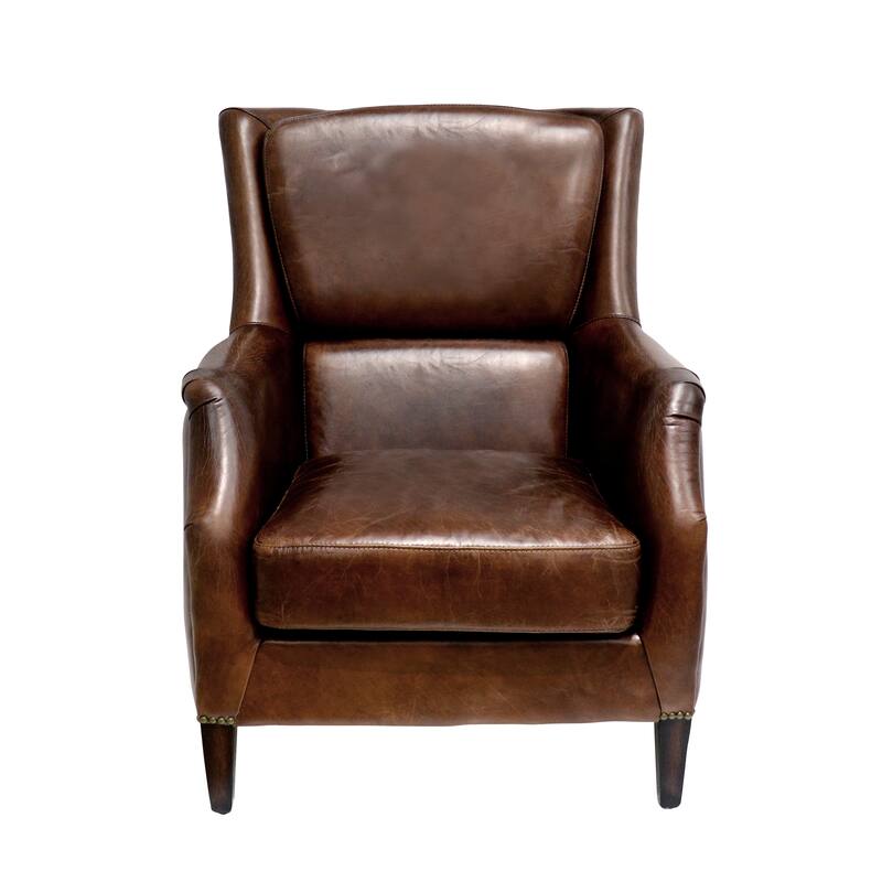 Pasargad Home Vicenza Top Grain Leather Wing Chair, Brown - W31.5"xD37.4"XH39"